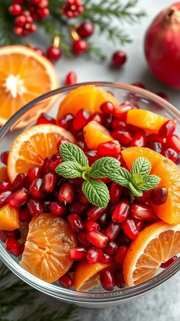 A bowl of holiday fruit salad featuring pomegranate seeds and orange slices, garnished with mint leaves.