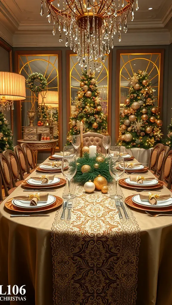 A luxurious Christmas dinner table setting with metallic touches, featuring a golden tablecloth, elegant plates, and festive decorations.