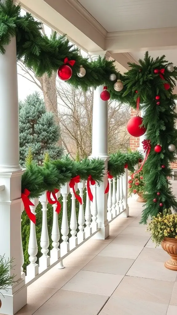 A beautifully decorated patio railing with garland, red ornaments, and ribbons.