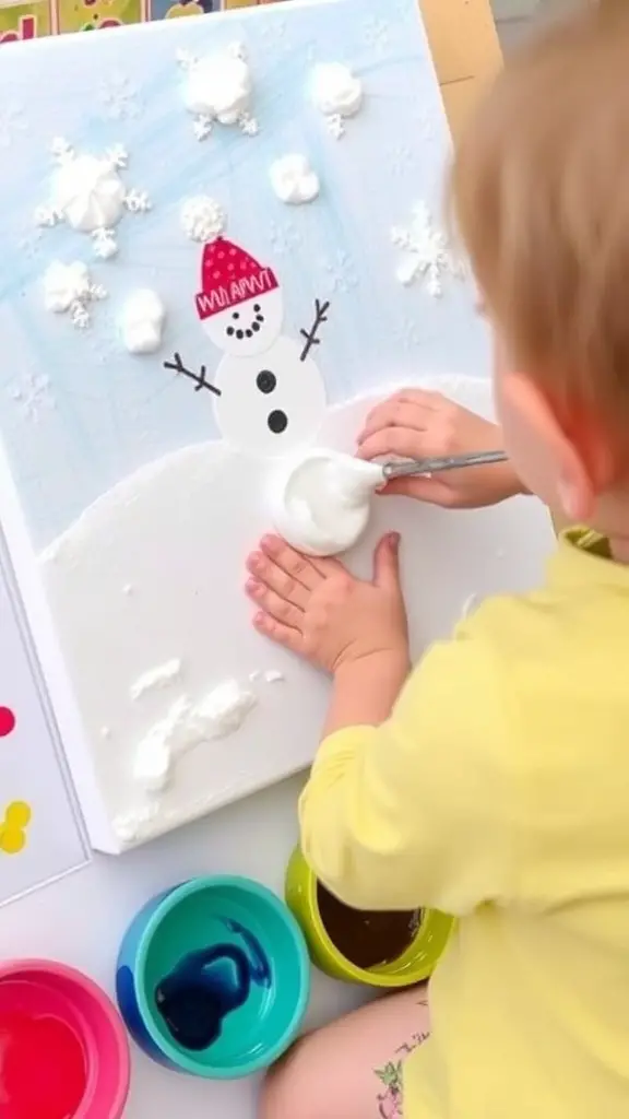 A toddler playing with puffy paint in front of a snowy backdrop.