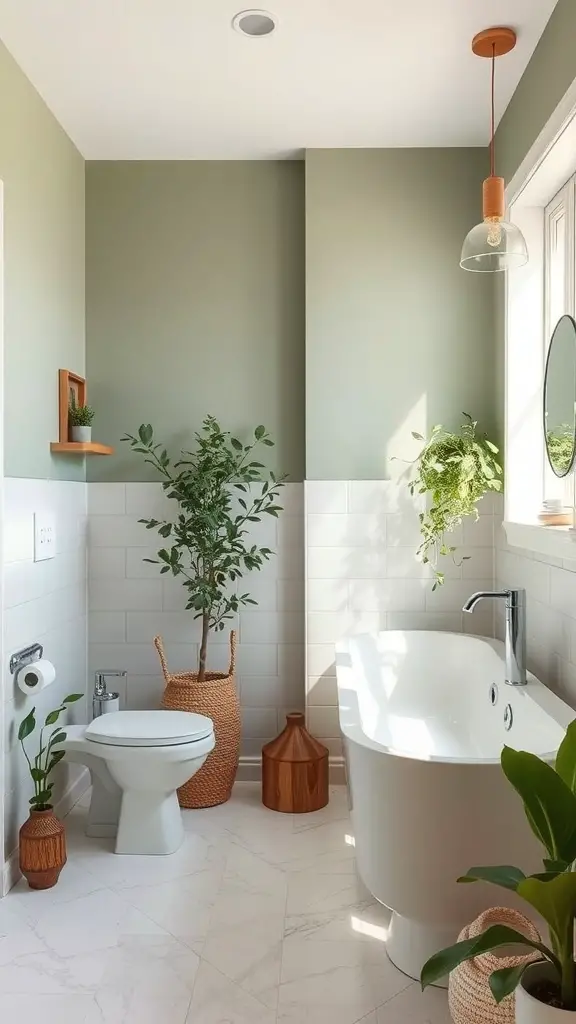 27+ Stunning Two-Tone Wall Paint Ideas to Transform Your Bathroom 16 A bathroom featuring muted sage green walls and soft white tiles, adorned with plants and wooden accents.
