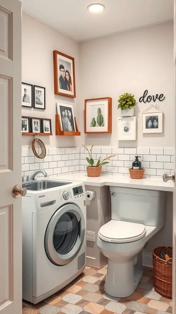 25+ Creative Bathroom Laundry Combo Ideas for Space-Saving Solutions 13 A bathroom laundry combo featuring framed photos, plants, and decorative touches.