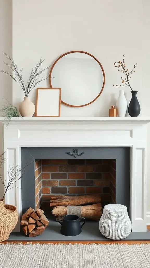 Minimalist Scandinavian fireplace mantle with mirror, vases, and logs