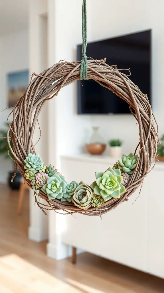 A minimalist grapevine wreath adorned with succulents, hanging in a bright room.