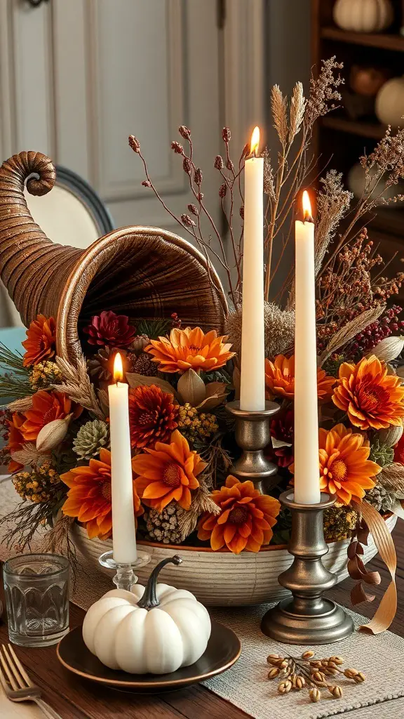 A vintage Thanksgiving centerpiece featuring a cornucopia filled with flowers, candles, and a white pumpkin.