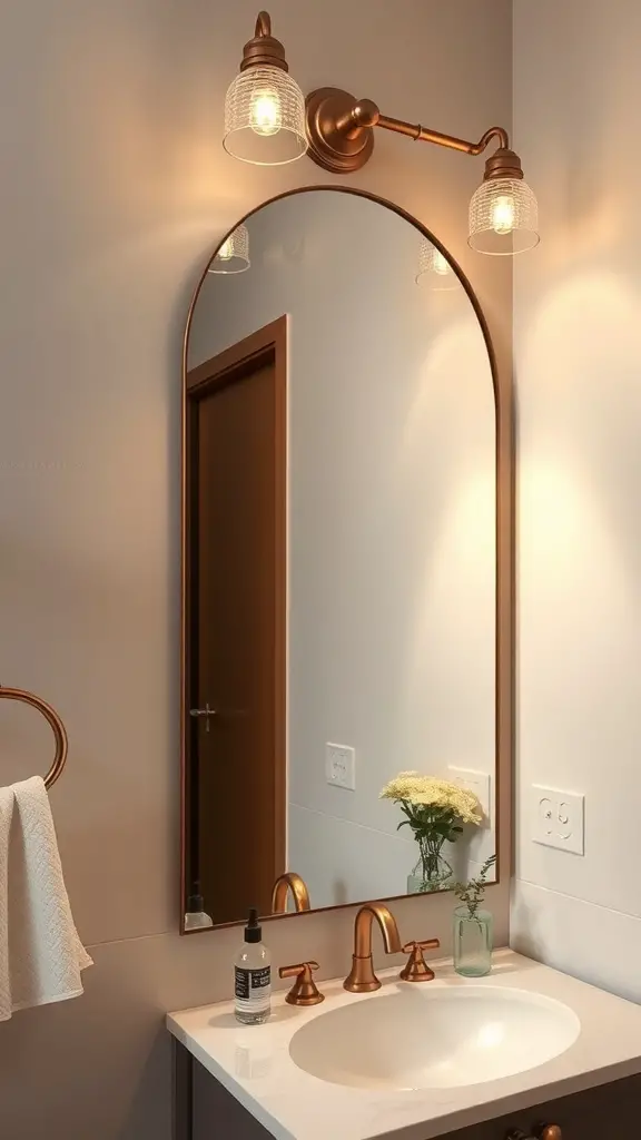 A bathroom featuring an arched mirror with decorative lighting fixtures above it.