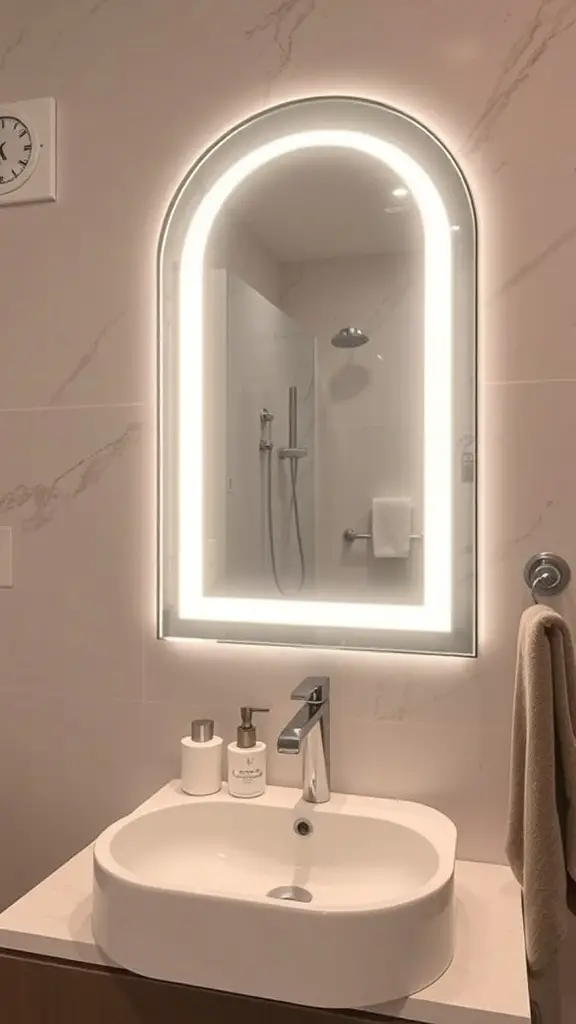A modern arched mirror with LED lighting in a stylish bathroom setting.