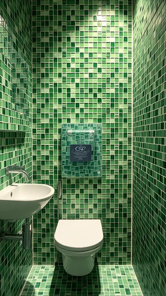 23+ Inspiring Green Bathroom Ideas for a Refreshing Makeover 15 A bathroom featuring vibrant green mosaic tiles on the walls and floor, with a modern sink and toilet.