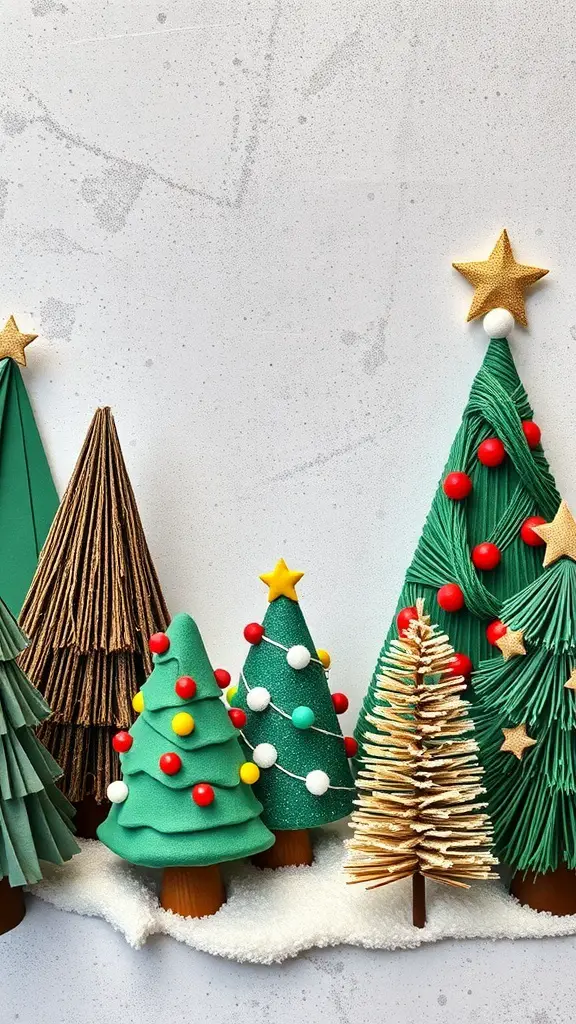 A colorful display of Christmas trees made from various materials, showcasing different designs and decorations.
