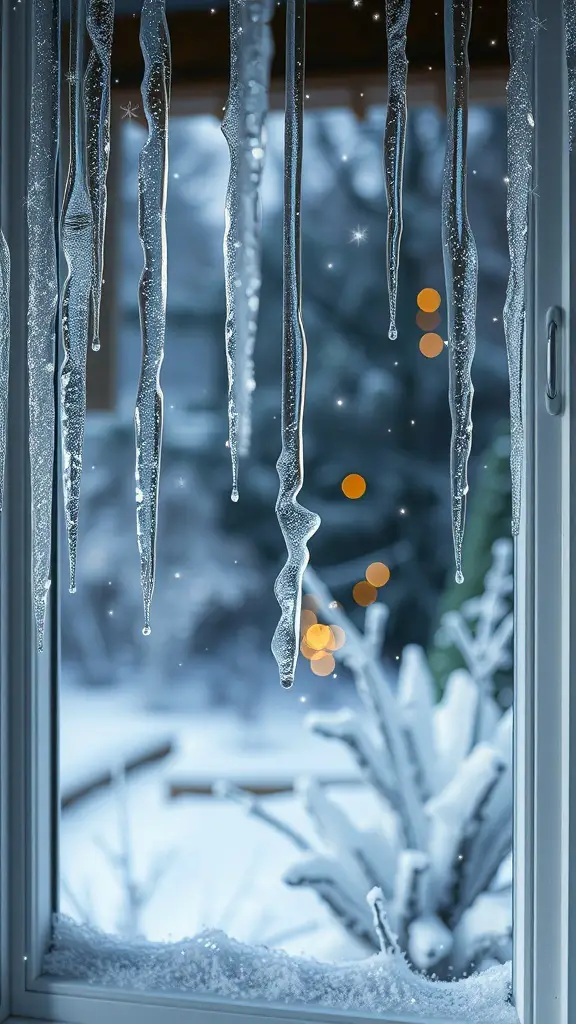 23+ Stunning Christmas Window Decorations to Brighten Your Home 11 Glittering icicle decorations hanging from a window, with a snowy background and soft lights.