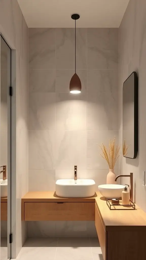 23+ Chic Neutral Toned Bathroom Ideas for a Serene Space 15 A modern bathroom featuring a sleek pendant light, neutral tones, and wooden accents.