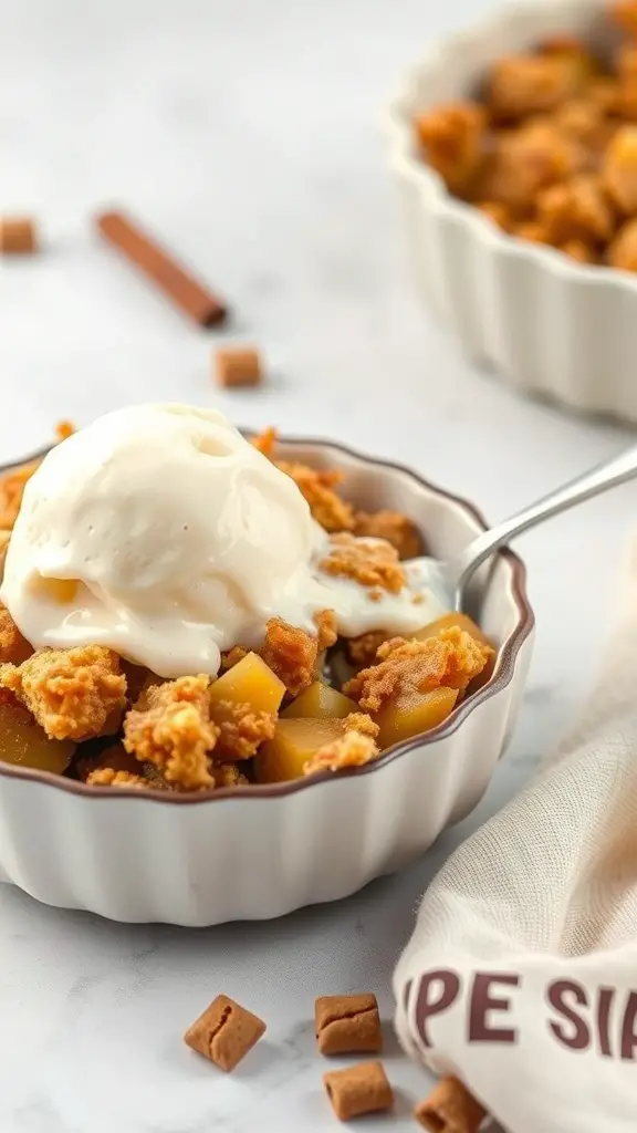 27+ Must-Have Dishes for the Ultimate Thanksgiving Spread 10 A bowl of apple crisp topped with vanilla ice cream, surrounded by caramel candies.