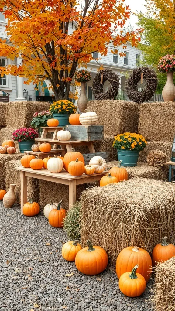 A cozy outdoor harvest display featuring pumpkins, hay bales, and colorful flowers.