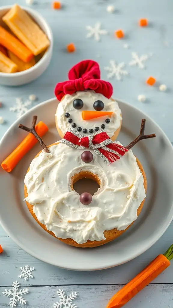 23+ Creative Christmas Breakfast Ideas That Kids Will Love 16 A bagel decorated as a snowman with cream cheese, candy eyes, a carrot nose, and pretzel stick arms.