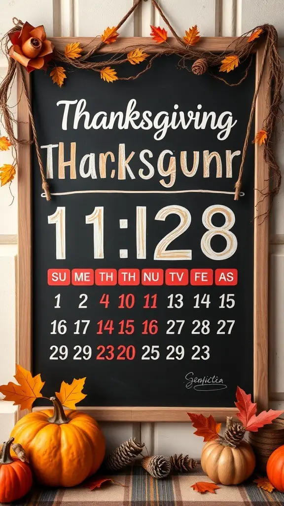 Thanksgiving countdown calendar with chalkboard design, pumpkins, and autumn leaves