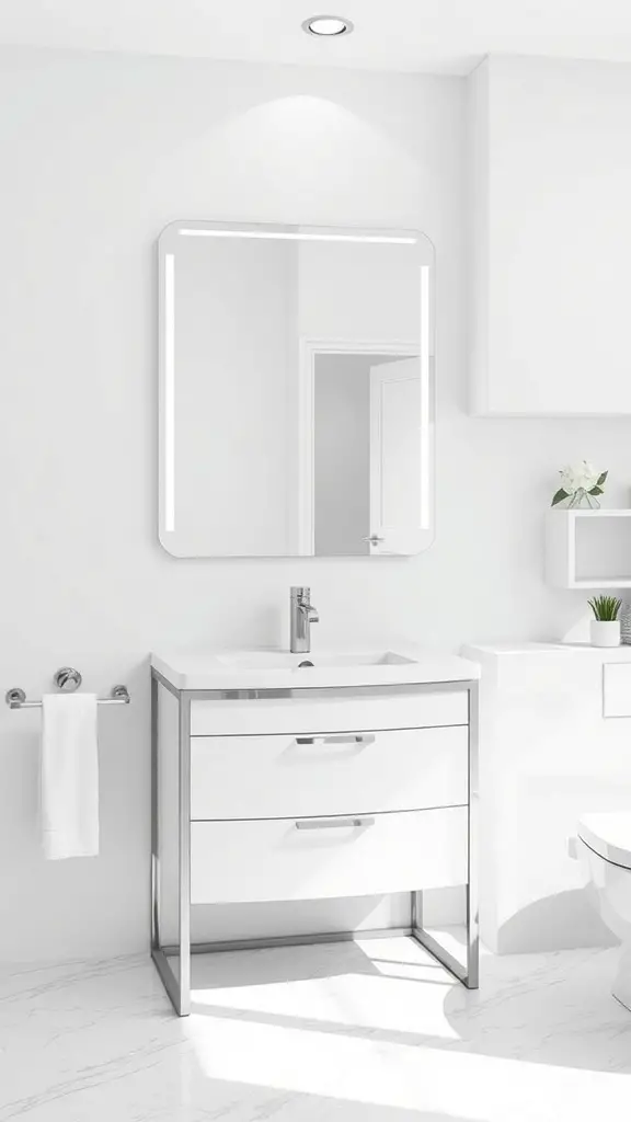 A sleek modern corner vanity in a bright bathroom setting