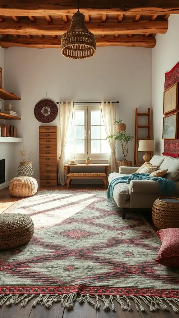 Cozy living room with layered textiles, featuring a patterned rug, cushions, and woven baskets.