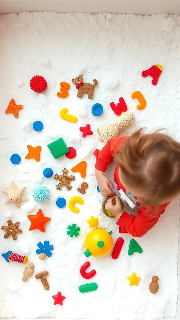 A toddler playing in a sensory bin filled with white material and colorful toys.