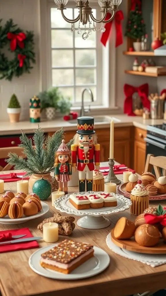 25+ Magical Nutcracker Christmas Decorations You Need This Holiday Season 7 A festive table decorated with nutcracker figurines and various holiday treats.