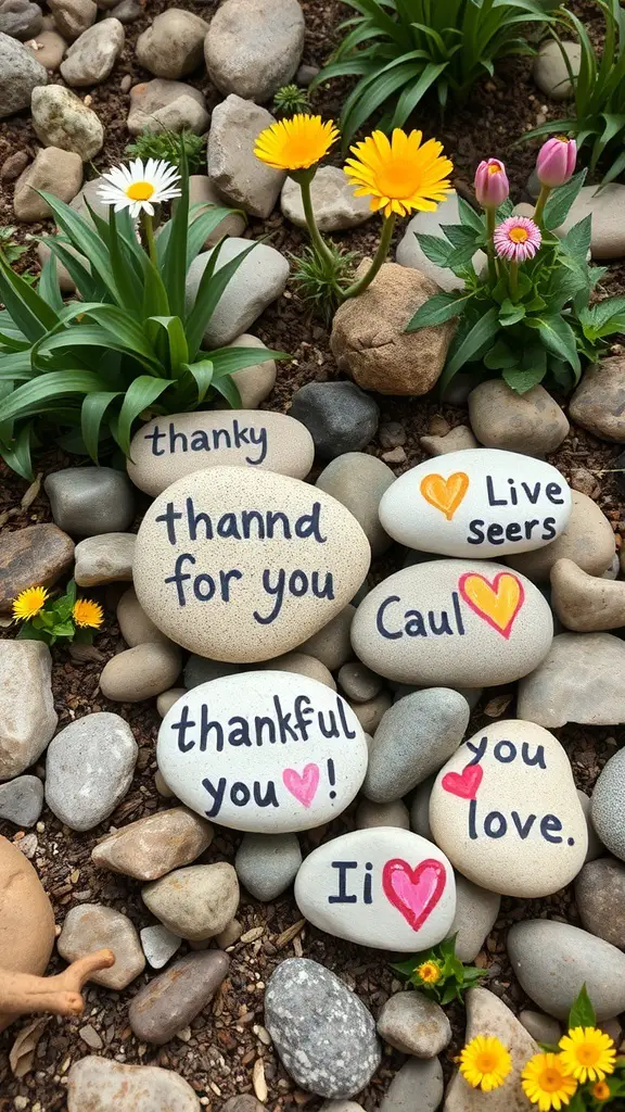 25+ Fun Thanksgiving Crafts for Toddlers to Create Together 10 Painted rocks with gratitude messages surrounded by flowers