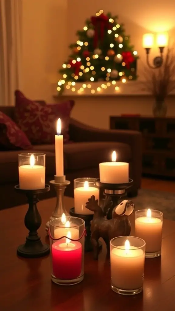 25+ Creative Christmas Decor Ideas for Your Living Room 11 A cozy living room with various candles arranged on a table, creating a warm atmosphere.
