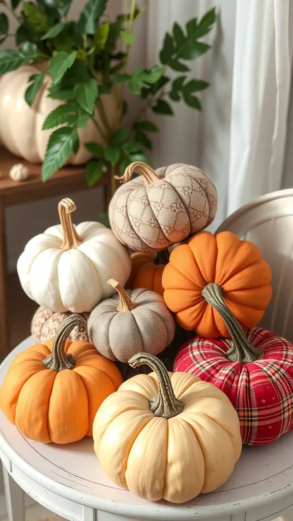 A collection of fabric pumpkins in various colors and patterns, displayed on a table.