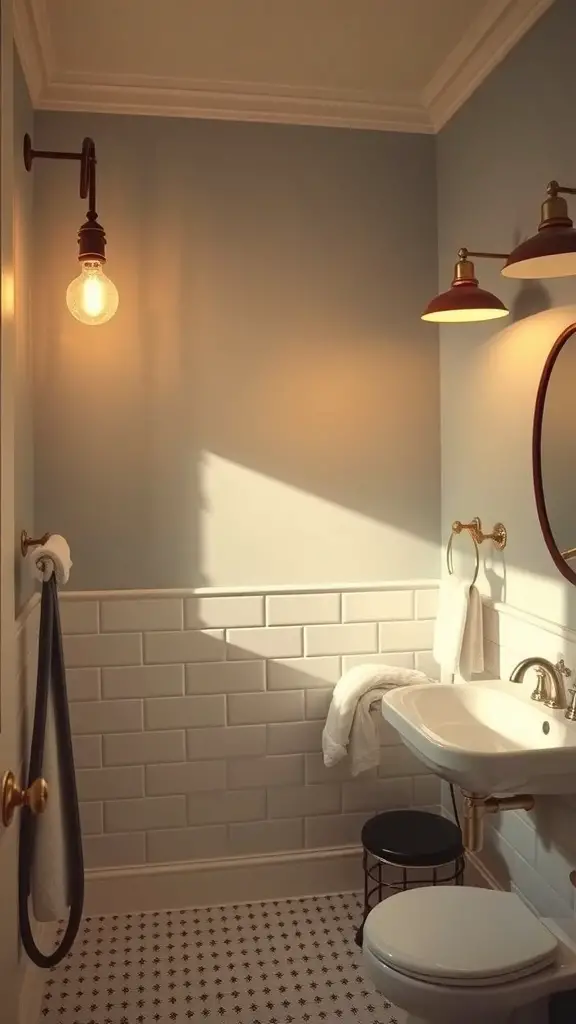 21+ Timeless Bathroom Ideas You’ll Love 3 A cozy bathroom featuring vintage-inspired lighting fixtures with warm light.