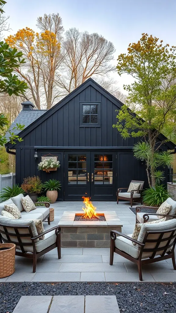 25+ Stunning Black Barndominium Designs You’ll Love 7 Cozy outdoor living area with seating around a fire pit in front of a black barndominium.