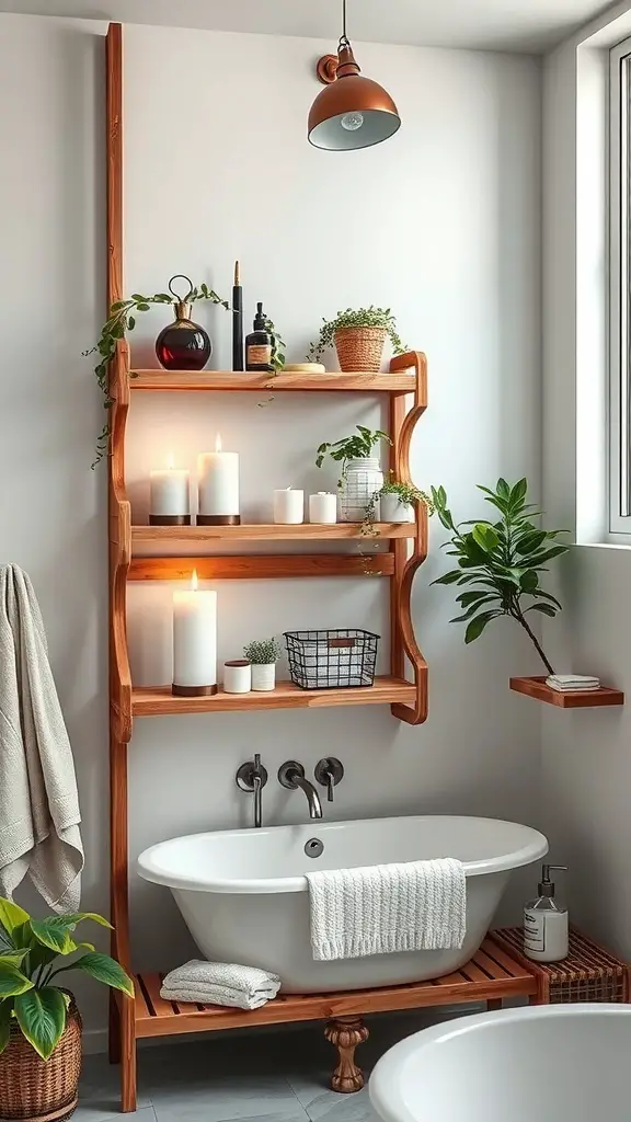 A multi-tiered wooden shelf in a rustic bathroom with candles, plants, and bath essentials.
