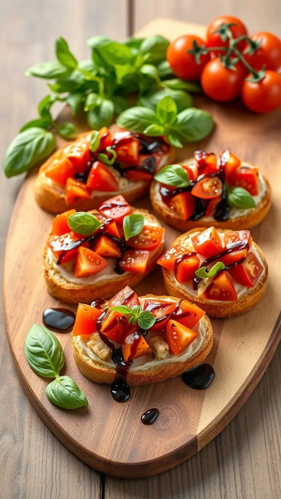 A wooden platter with gourmet bruschetta topped with diced tomatoes, basil, and balsamic glaze.