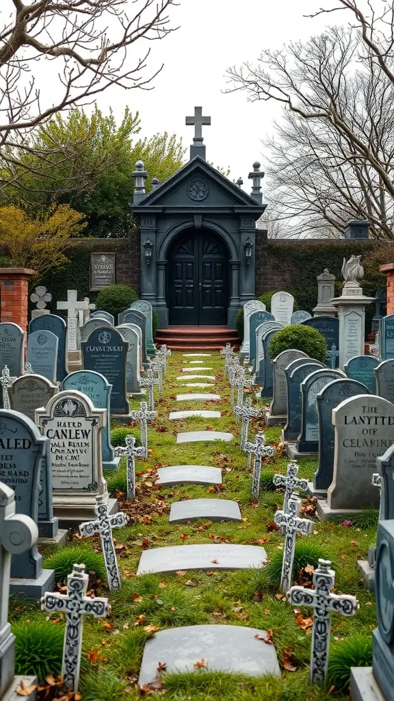 A spooky graveyard scene with tombstones and a pathway.