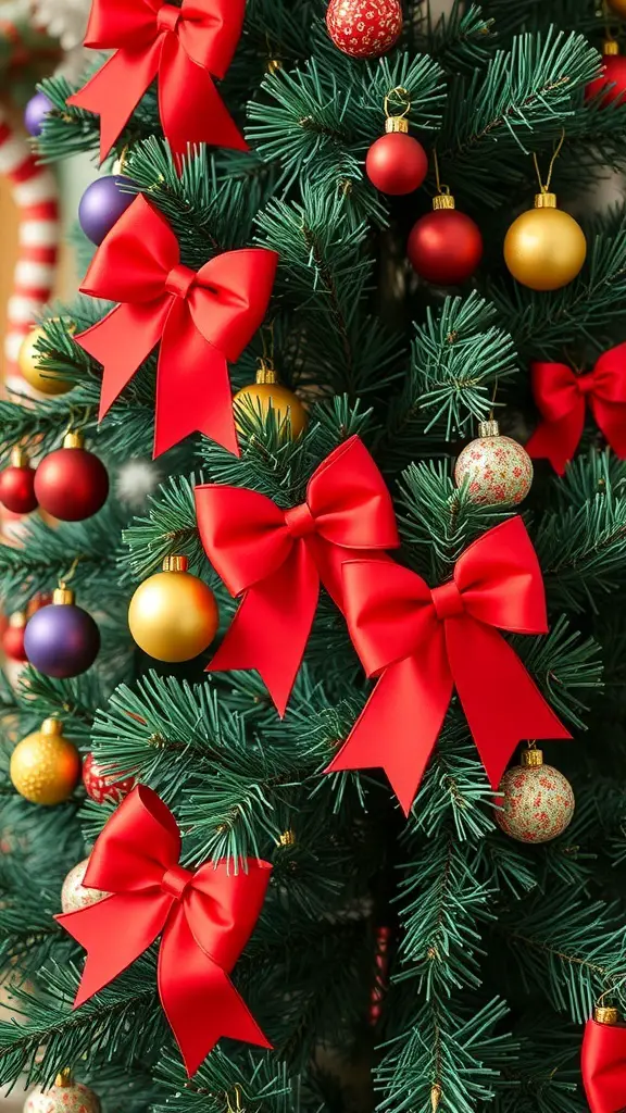 A Christmas tree decorated with red bows and colorful ornaments.