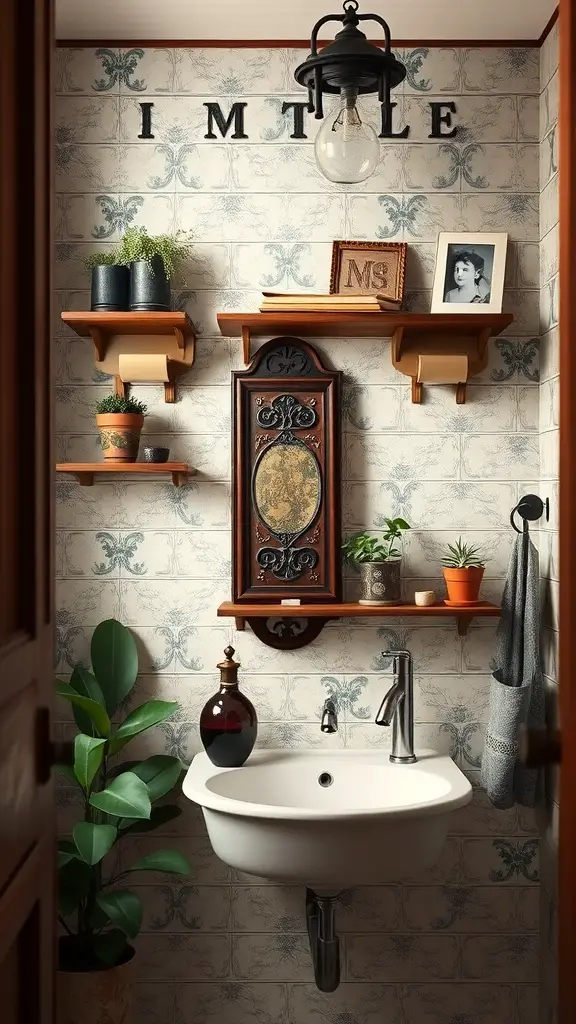 Antique style wall shelves in a rustic bathroom with decorative items and plants.