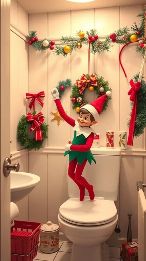 25+ Creative Elf on the Shelf Bathroom Ideas You Need to Try 16 An elf on the toilet surrounded by festive decorations in a bathroom.