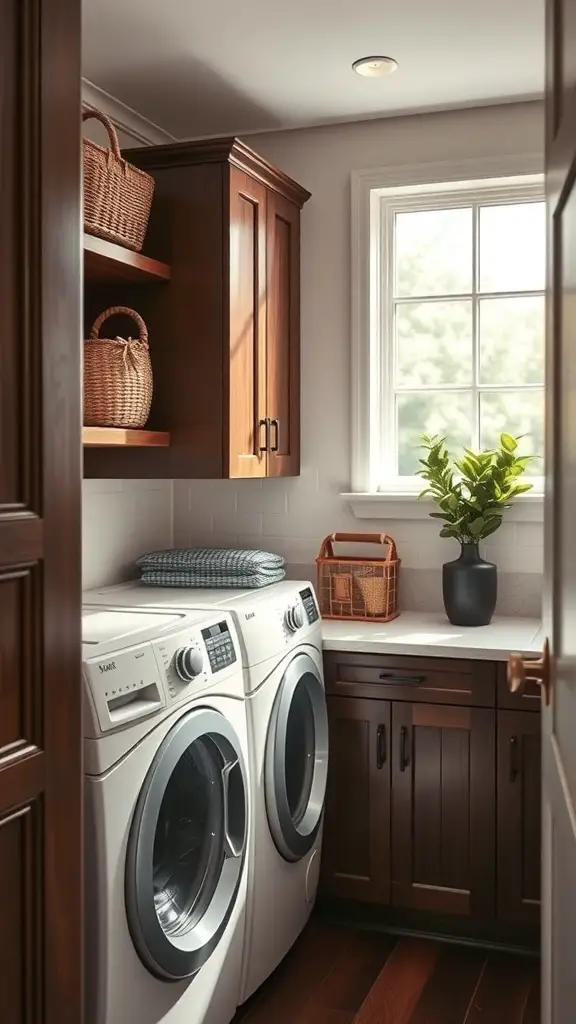 25+ Stunning Laundry Room Cabinet Ideas for a Chic and Organized Space 12 Laundry room featuring dark wood cabinets, a window, and decorative elements.