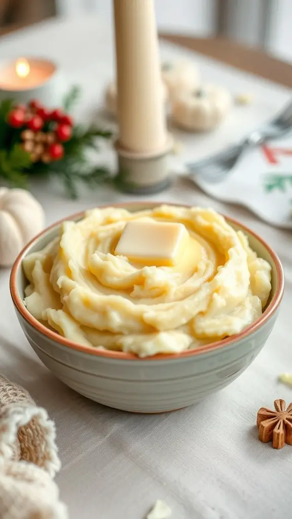25+ Must-Have Dishes for Your Christmas Dinner Buffet 6 A bowl of creamy mashed potatoes topped with a pat of butter, surrounded by festive decorations.