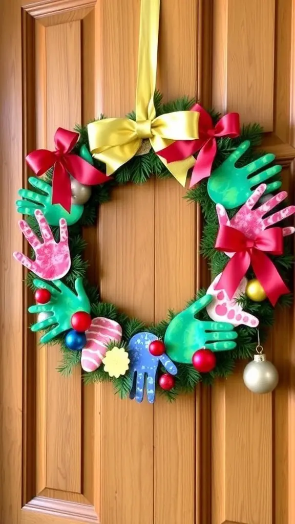 A colorful Christmas handprint wreath hanging on a wooden door.