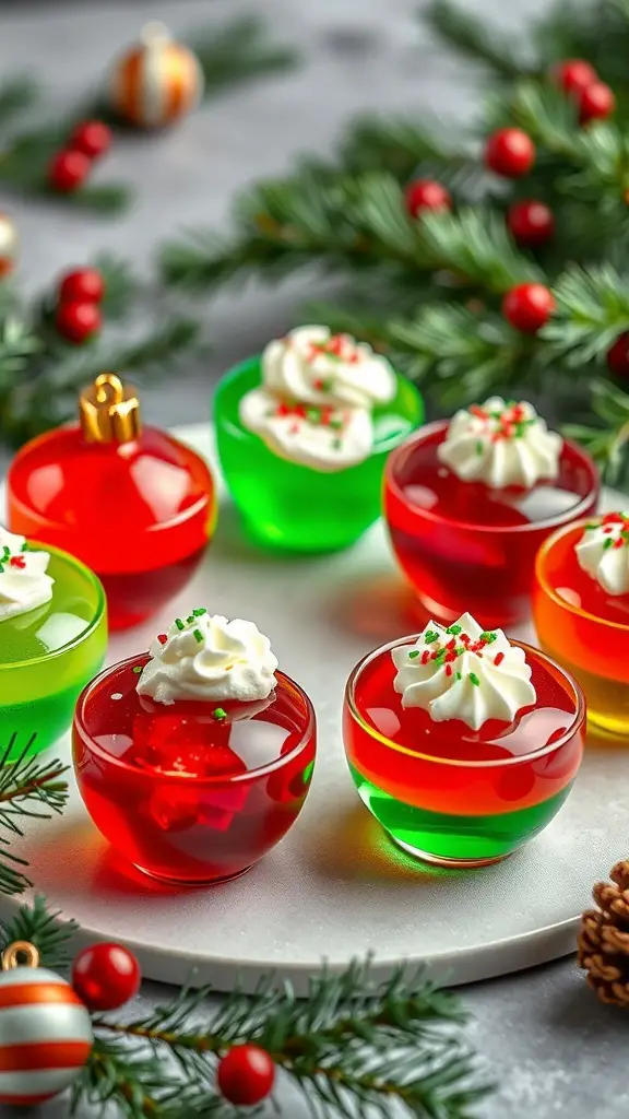 29+ Fun and Festive Christmas Snacks for Kids 10 Colorful Christmas Ornament Jello Cups with whipped cream and sprinkles