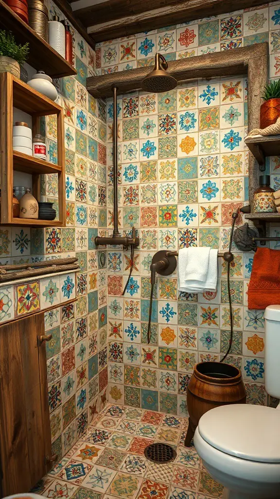 27+ Stunning Shower Tile Ideas to Transform Your Bathroom 4 A vintage-inspired mosaic shower with colorful tiles and rustic decor.