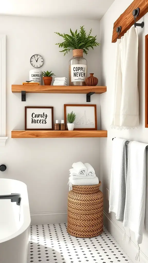 Rustic bathroom with live edge wood shelves displaying plants and decor
