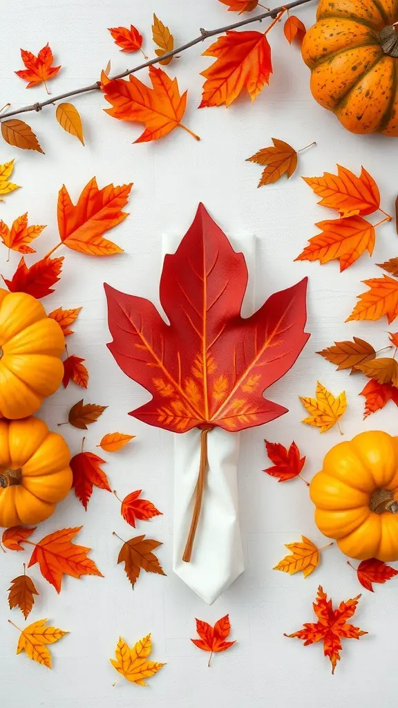 A napkin folded to resemble an autumn leaf, surrounded by colorful leaves and pumpkins.