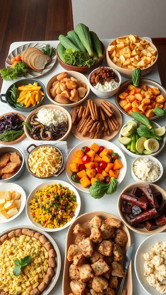 A diverse Thanksgiving spread featuring various dishes including salads, proteins, and desserts.