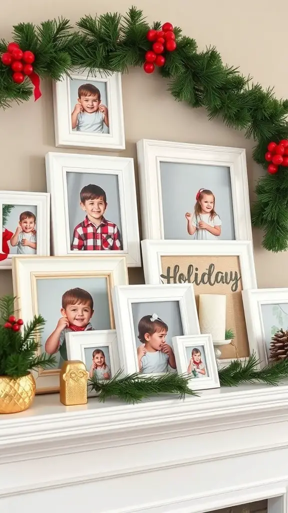 A collection of holiday-themed picture frames featuring children, decorated with greenery and red accents.