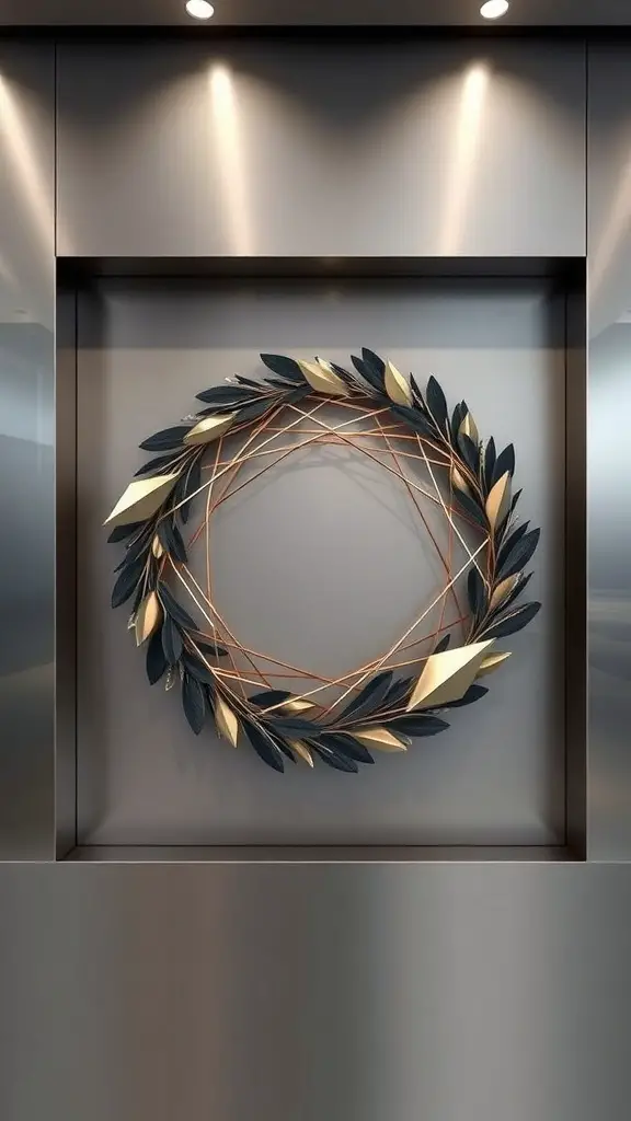 A modern geometric wreath featuring dark leaves and metallic accents, displayed on a sleek background.