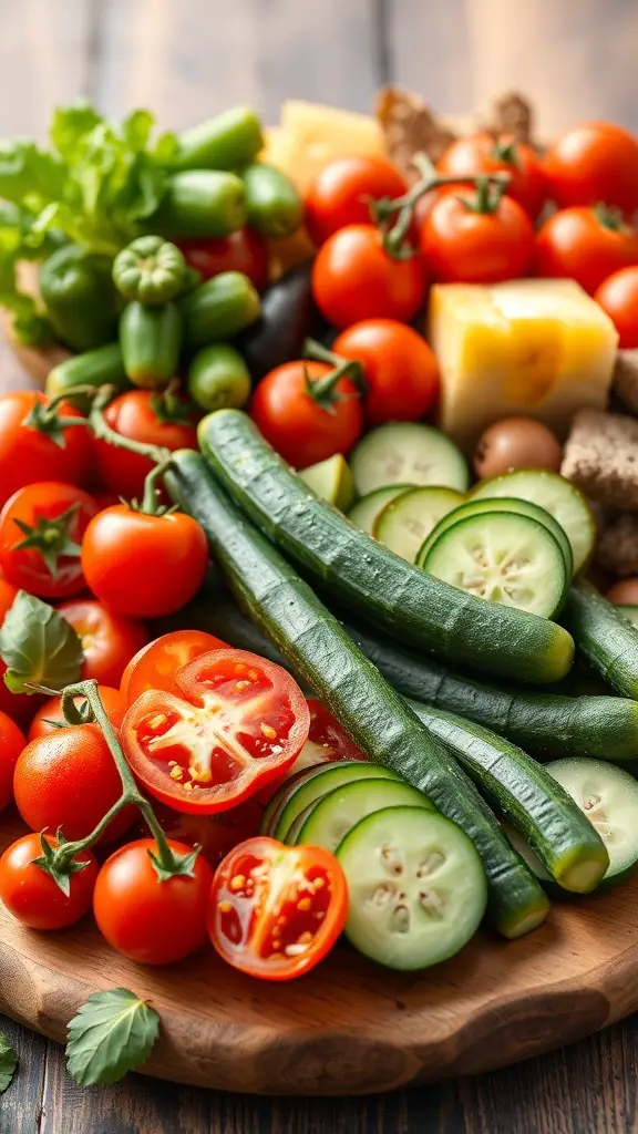 A colorful assortment of seasonal vegetables including cherry tomatoes, cucumbers, and greens on a wooden board.