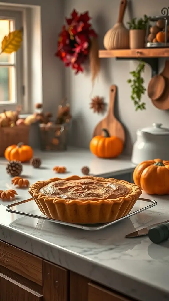 A freshly baked pumpkin pie on a countertop surrounded by autumn decorations.