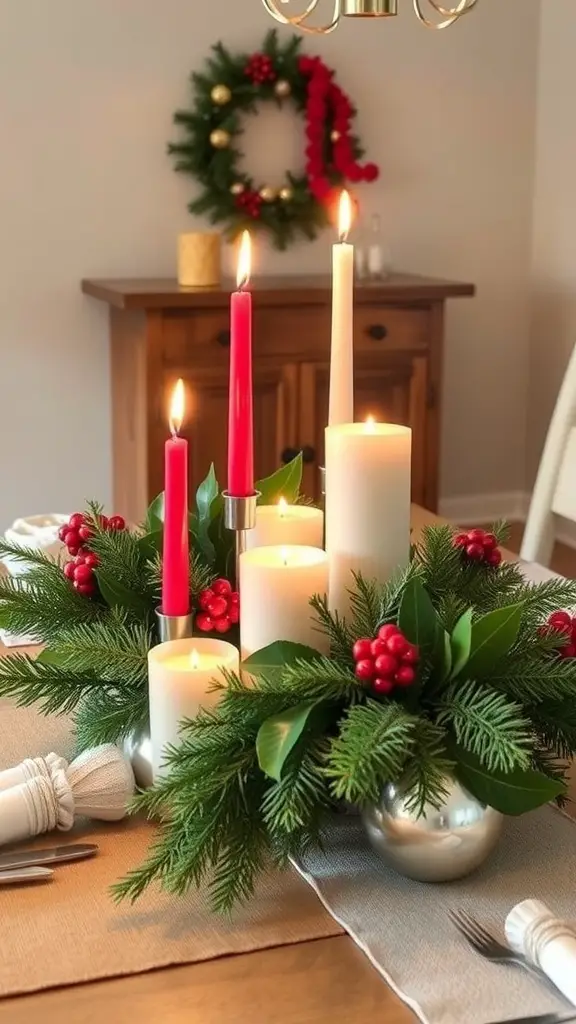 A festive holiday table centerpiece featuring candles and greenery.