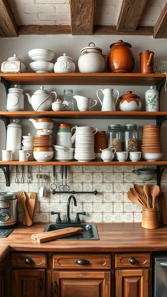 31+ Rustic Kitchen Design Ideas to Transform Your Space 7 Open shelving in a rustic kitchen displaying various dishware and decor items.