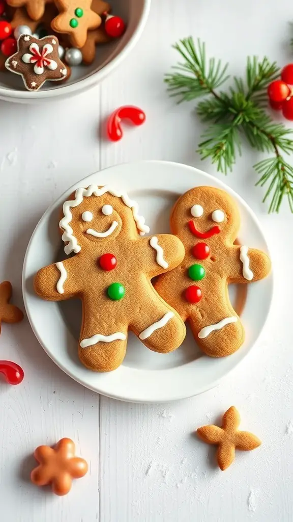 Two handprint gingerbread men on a plate, decorated with colorful candies and icing.