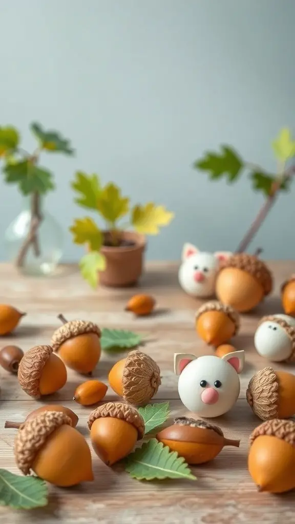 25+ Fun Thanksgiving Crafts for Kids to Make Together 15 A collection of acorn crafts, including painted acorns and small animal figures made from acorns, set on a wooden table with leaves and small plants.